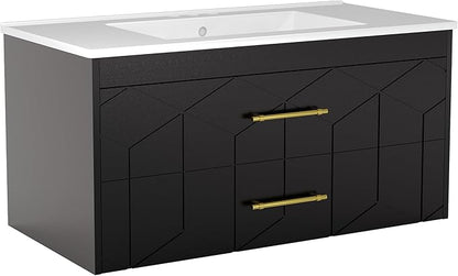 IDEALHOUSE Floating Bathroom Vanity with Sink 36 inch, Modern Bathroom Sink Cabinet, Ceramic Vanity Top, 2 Large Storage Drawers with Gold Metal Handle, Easy to Assembly, Black