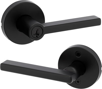 Kwikset Halifax Keyed Storeroom Entry Door Handle with Lock and Key, Secure Keyed Reversible Lever Exterior, Front Entrance and Bedrooms, Matte Black, Pick Resistant SMT Rekey Security and Microban