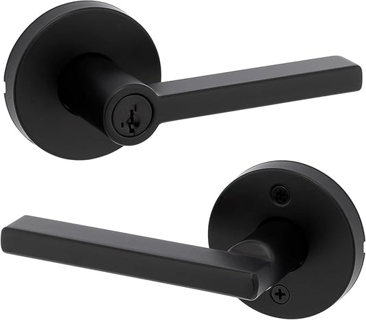 Kwikset Halifax Keyed Storeroom Entry Door Handle with Lock and Key, Secure Keyed Reversible Lever Exterior, Front Entrance and Bedrooms, Matte Black, Pick Resistant SMT Rekey Security and Microban