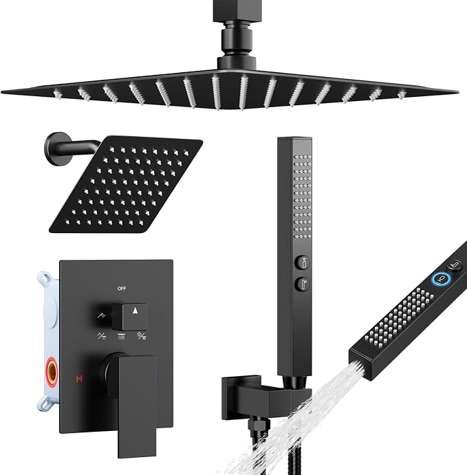Shower System Shower Faucet Set, STARBATH 12"+6" Ceiling Mount Rain Shower Head and Handheld Spray for Two Person, Rainfall Shower System with Diverter Valve and Trim Kit Complete,Matte Black