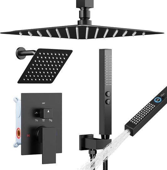 Shower System Shower Faucet Set, STARBATH 12"+6" Ceiling Mount Rain Shower Head and Handheld Spray for Two Person, Rainfall Shower System with Diverter Valve and Trim Kit Complete,Matte Black