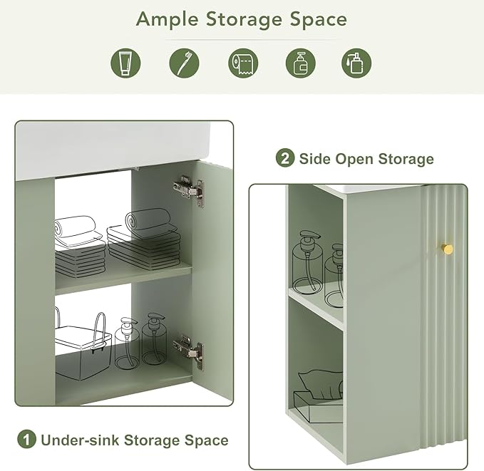 21.6 in Floating Bathroom Vanity with Sink,Soft Closing Doors,Solid Wood Frame & MDF Modern Single Small Green Bathroom Vanity Cabinet with Open Shelf,Wall Mounted