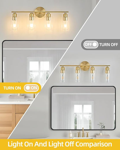 4-Light Bathroom Light Fixtures, Gold Bathroom Vanity Lights, Bathroom Lighting Fixtures Over Mirror with Clear Glass Shade, Wall Sconce Light for Bedroom, Living Room and Hallway
