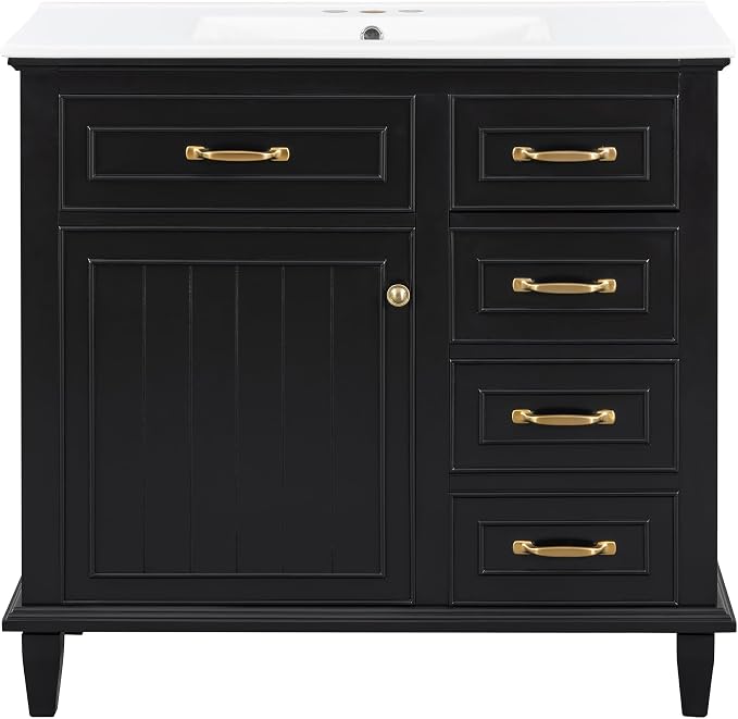 36" Bathroom Vanity with Ceramic Sink Top, Soft-Close Door & Flip Drawers, Freestanding Storage Cabinet W/Adjustable Shelf, Solid Wood Frame for Bathrooms, Powder Room, Guest Bath,Black