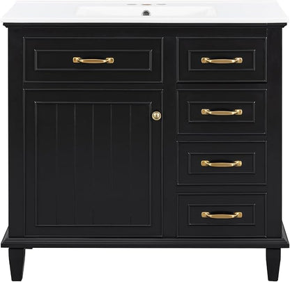 36" Bathroom Vanity with Ceramic Sink Top, Soft-Close Door & Flip Drawers, Freestanding Storage Cabinet W/Adjustable Shelf, Solid Wood Frame for Bathrooms, Powder Room, Guest Bath,Black