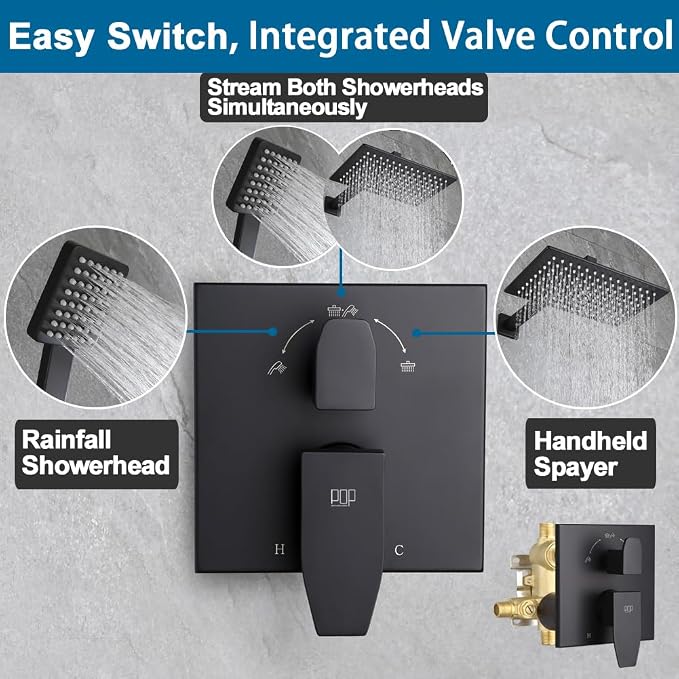 Matte Black Shower Faucet Set Rainfall 12 Inch Shower Head and Handle Set Bathroom Rain Shower System Wall Mounted Shower Fixture Include Shower Valve and Trim Kit