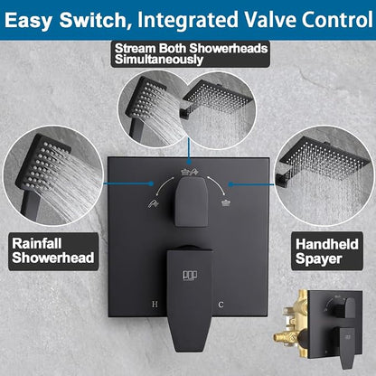 Matte Black Shower Faucet Set Rainfall 12 Inch Shower Head and Handle Set Bathroom Rain Shower System Wall Mounted Shower Fixture Include Shower Valve and Trim Kit