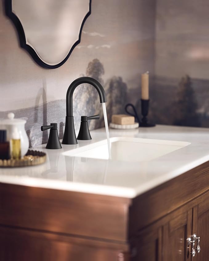 Moen Ronan Matte Black Two-Handle Widespread Modern Bathroom Faucet, Valve Included, 84023BL