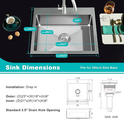 23 Inch Brushed Drop in Kitchen Sink-TSIBOMU 18 Gauge Satinless Steel | Topmount Single Bowl Single Hole Kitchen Sink, 9 inch Deep Bowl Basin Sink, D23"xW18"xH9"