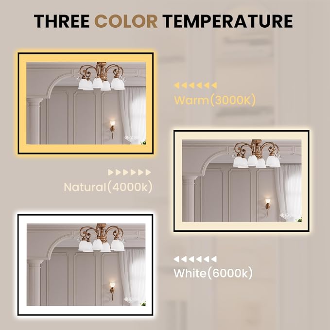 LOAAO 40"X30" LED Bathroom Mirror Black Framed | Anti-Fog, Dimmable, Memory Function, Tempered Glass, Lighted Vanity Mirror for Wall