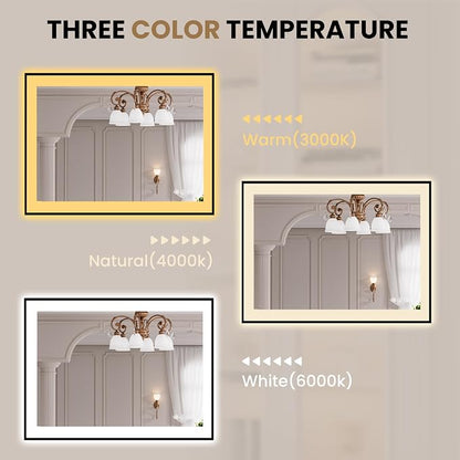 LOAAO 40"X30" LED Bathroom Mirror Black Framed | Anti-Fog, Dimmable, Memory Function, Tempered Glass, Lighted Vanity Mirror for Wall