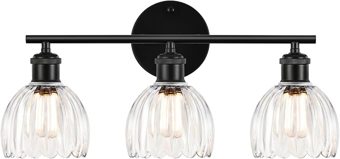 Bathroom Light Fixtures, 3-Light Brushed Black Vanity Lights for Bathroom with Clear Tulip Glass Shade, 20" Vintage Bathroom Vanity Lighting Fixtures Over Mirror for Bedroom Living Room Hallway
