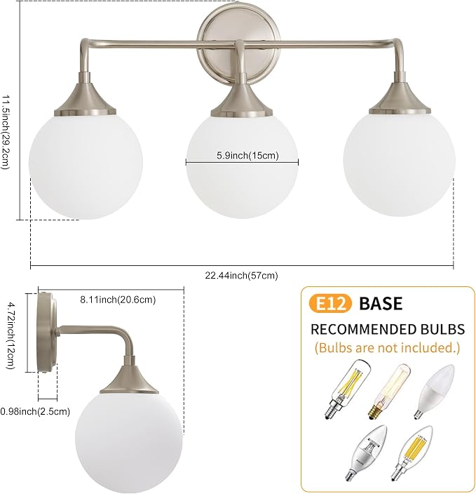 Brushed Nickel Bathroom Light Fixtures Over Mirror Vanity 3-Light | Mid Century Modern Brushed Nicke Wall Sconce with Milky White Glass Ball Shades for for Bathroom Dressing Table Bedroom