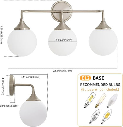 Brushed Nickel Bathroom Light Fixtures Over Mirror Vanity 3-Light | Mid Century Modern Brushed Nicke Wall Sconce with Milky White Glass Ball Shades for for Bathroom Dressing Table Bedroom