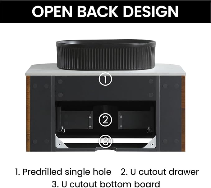 30" Preassembled Floating Bathroom Vanity with Black Sink, Walnut | Mid-Century Modern Style, Fluted & Soft-Close Drawer with U-shaped Wall, Sinterted Stone Countertop, Towel Rack Included