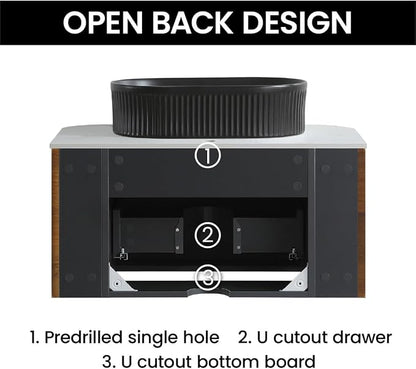 30" Preassembled Floating Bathroom Vanity with Black Sink, Walnut | Mid-Century Modern Style, Fluted & Soft-Close Drawer with U-shaped Wall, Sinterted Stone Countertop, Towel Rack Included