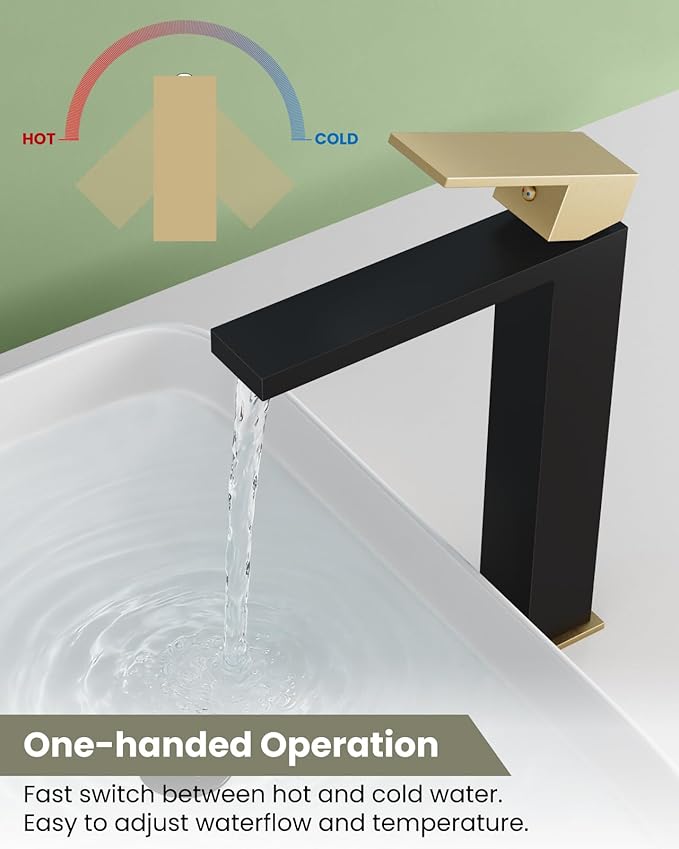 Black and gold faucet with water flowing into a sink, labeled for hot and cold water.