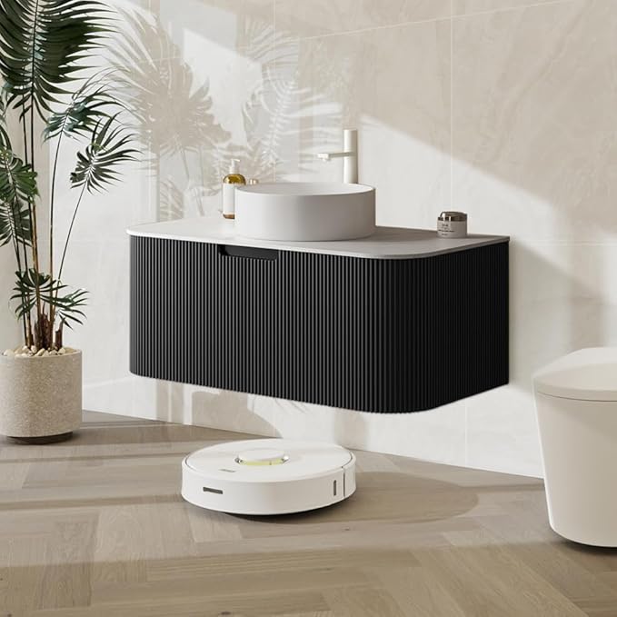 LKTART 36 Inch Floating Bathroom Vanity with Sink, Modern Wall Mounted Bathroom Storage Cabinet with Drawer, Round White Ceramic Sink Top and Marble Texture Top,Black