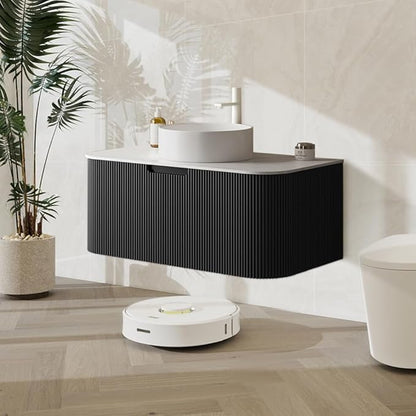 LKTART 36 Inch Floating Bathroom Vanity with Sink, Modern Wall Mounted Bathroom Storage Cabinet with Drawer, Round White Ceramic Sink Top and Marble Texture Top,Black