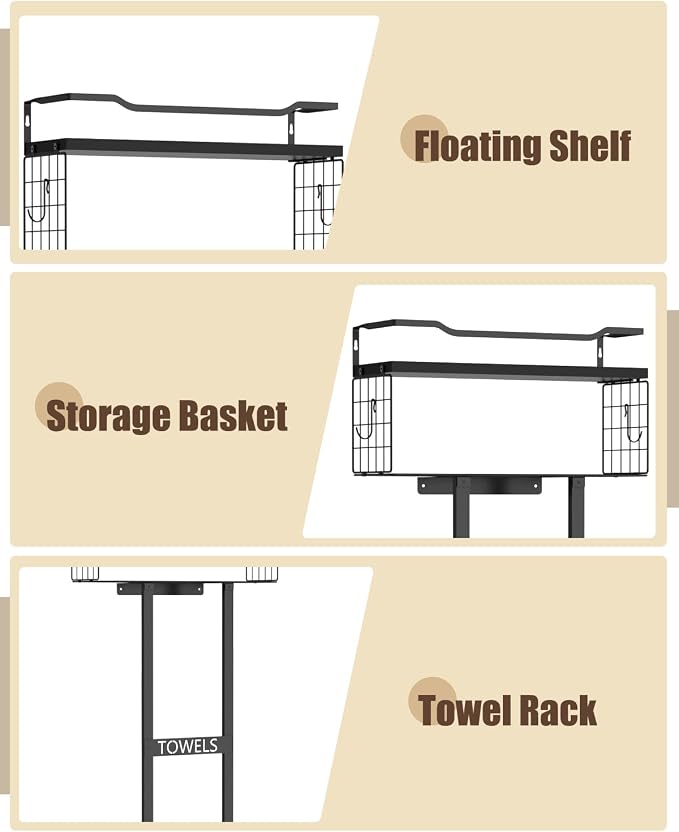 Aetyord Towel Racks for Bathroom 31inch Wall Mounted Towel Rack,Floating Shelf with Wood Plank,Towel Storage for Bathroom can Holds 6 Large Rolled Towels,All Black