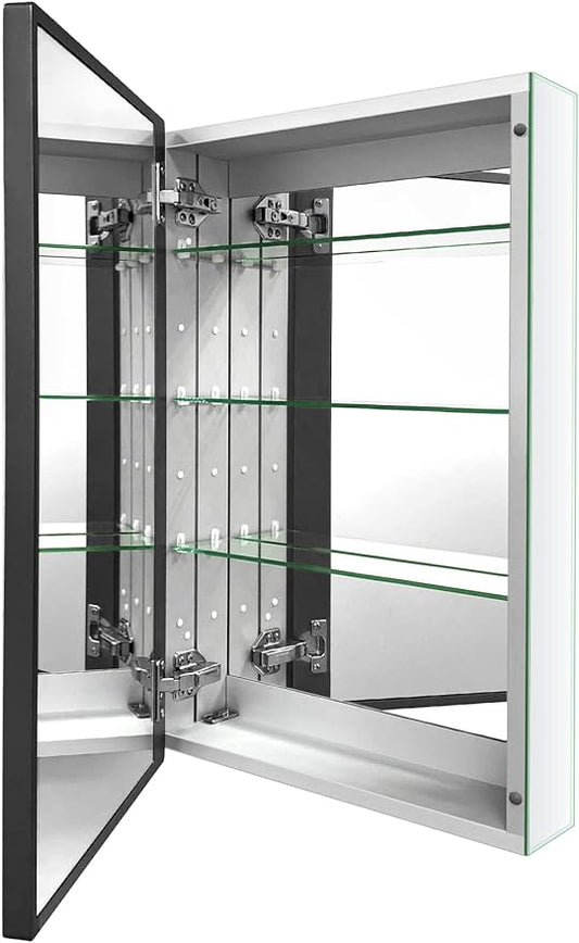 Aluminum Bathroom Medicine Cabinet with Farmhouse Black Framed 16x26 Inches Recess or Surface Mount Mirror Cabinet for Bathroom Toilet Kitchen