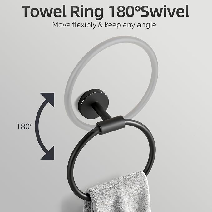 Matte Black Bathroom Hardware Accessories Towel Bar Set 5 Pieces | Stainless Steel Black Towel Rack Set Including 19in Towel Bar Wall Mounted, Bathroom Towel Holder, Towel Ring, Towel Hooks