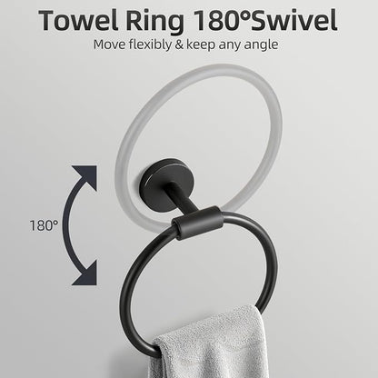 Matte Black Bathroom Hardware Accessories Towel Bar Set 5 Pieces | Stainless Steel Black Towel Rack Set Including 19in Towel Bar Wall Mounted, Bathroom Towel Holder, Towel Ring, Towel Hooks