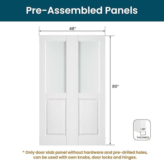 SMARTSTANDARD 48" x 80" Frosted Glass Interior Door Slab, Solid Core | Pre-Assembled French Slab Door for Pantry Laundry Closet Bathroom, without Hardware, White Primed, Paintable Surface