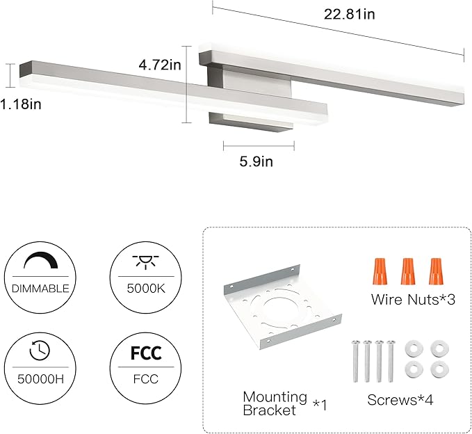 36in Vanity Lights,36W 2500LM Modern Brushed Nickel Vanity Light Bathroom Lighting Fixture Over Mirror, Dimmable LED Bathroom Light Fixture 5000K Cool White Vanity Light Bar -2 Light