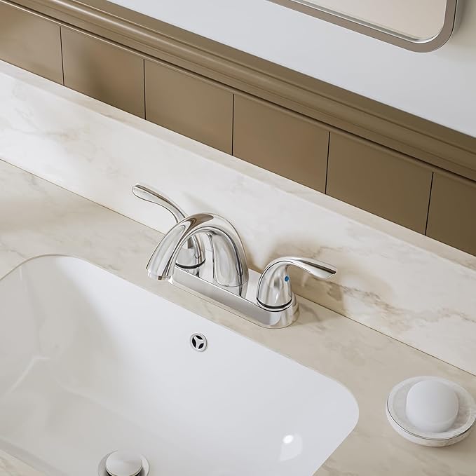 Phiestina Chrome 4 Inch 2 Handle Centerset 2 or 3 Holes Bathroom Faucet, Vanity Sink Faucet with Copper Pop Up Drain and Water Supply Lines, BF008-5-C
