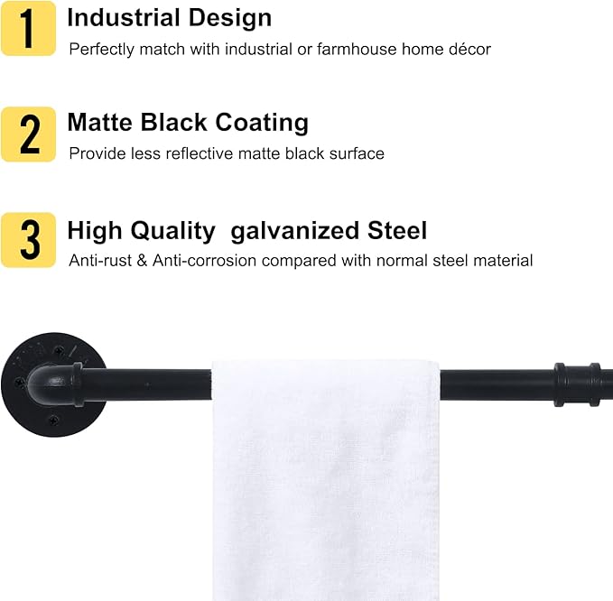 HouseAid 30 Inch Industrial Pipe Towel Bar, Farmhouse Iron Hand Towel Holder, Vintage Style Towel Rod for Bathroom, Wall Mounted, Matte Black (Hook Included)