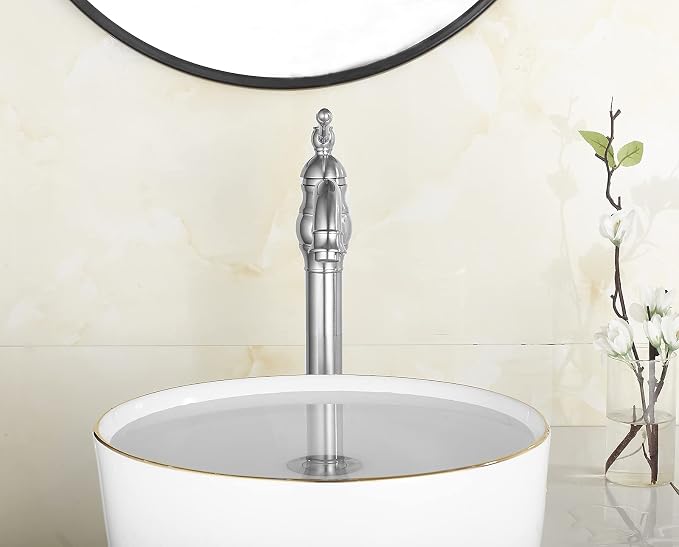Bathroom Vessel Bowl Sink Faucet Brushed Nickel Single Handle with Drain | One Hole Lavatory Vanity Faucet 360° Swivel Matching Pop up Drain without Overflow Commercial Deck Mount