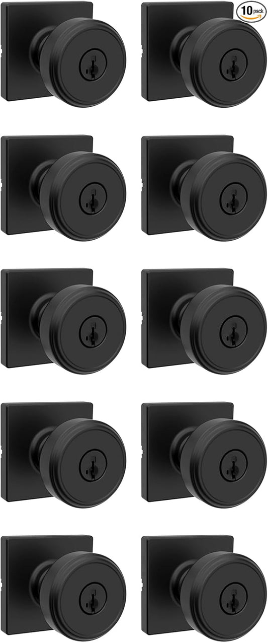 Kwikset Maven Entry Door Knob with Lock and Key, Secure Keyed Handle Exterior, Front Entrance and Bedroom, Matte Black, 10 Pack, Pick Resistant SmartKey Rekey Security and Microban