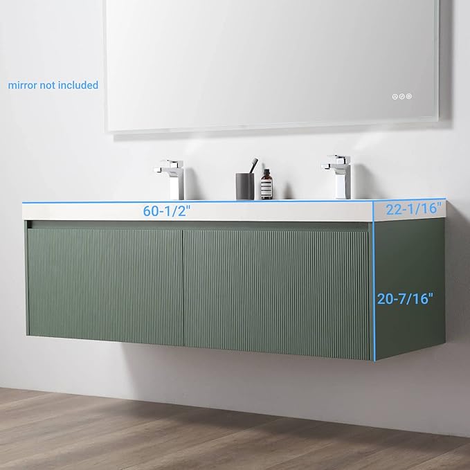 Blossom 60 Inch Double Sink Bathroom Vanity, All Wood Wall Mounted Floating Bathroom Vanity Cabinet with Acrylic Sink, Bathroom Sink Cabinet with Soft-Close Drawers, Modern Vanities, Aventurine Green