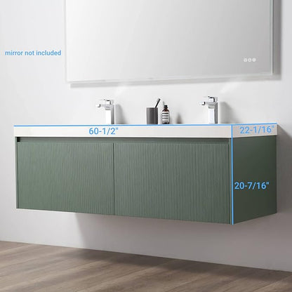 Blossom 60 Inch Double Sink Bathroom Vanity, All Wood Wall Mounted Floating Bathroom Vanity Cabinet with Acrylic Sink, Bathroom Sink Cabinet with Soft-Close Drawers, Modern Vanities, Aventurine Green