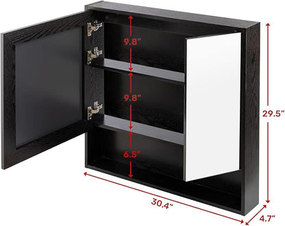 ALIMORDEN Medicine Cabinet with Mirror and Shelves, Oversized Bathroom Wall Storage Organizer Over The Vanity, Toilet, Recessed or Surface Mount, 30.4" L x 29.5" H, Black