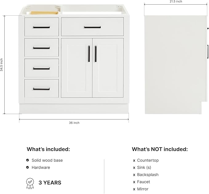 ARIEL Hepburn 36-inch Bathroom Vanity Base Cabinet,Solid Wood, 2 Soft Closing Doors, 5 Dovetail Drawers, White