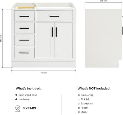 ARIEL Hepburn 36-inch Bathroom Vanity Base Cabinet,Solid Wood, 2 Soft Closing Doors, 5 Dovetail Drawers, White
