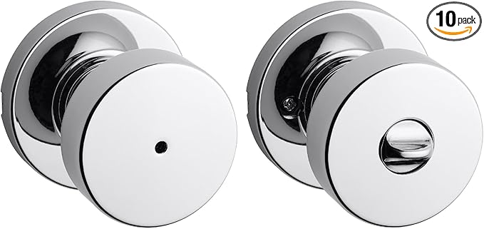 Kwikset Pismo Interior Privacy Door Knob with Lock, Door Handle for Bathroom and Bedroom, Polished Chrome Keyless Turn Lock Doorknob (Pack of 10)