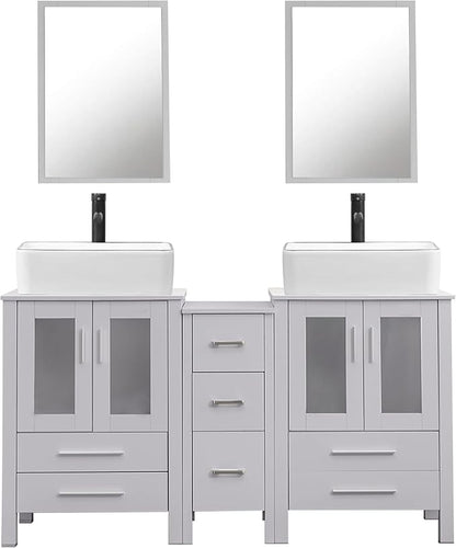 UEV 60" Double Sink Bathroom Vanity,Grey Bathroom Vanity with Double Side Vanity Cabinets & Removable 3 Drawer Storage Cabinet,with Modern Artistic Ceramic Vessel Sink Combo,Mirror Not Included(031WH)