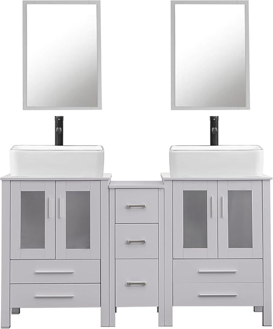 UEV 60" Double Sink Bathroom Vanity,Grey Bathroom Vanity with Double Side Vanity Cabinets & Removable 3 Drawer Storage Cabinet,with Modern Artistic Ceramic Vessel Sink Combo,Mirror Not Included(031WH)