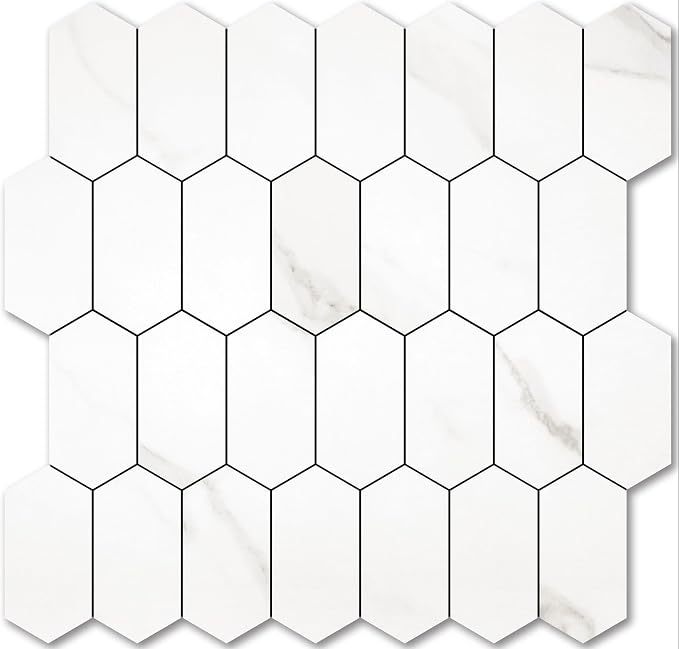 Vamos Tile Long Hexagon Peel and Stick Backsplash Tile - 10 Sheets Stick on Backsplash for Kitchen and Bathroom 12.4 x 12 Inch White Marble Look PVC Self Adhesive Mosaic Wall Tiles