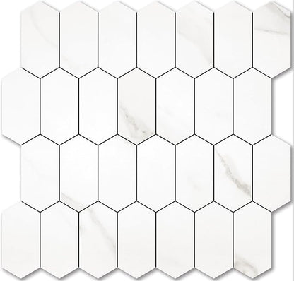 Vamos Tile Long Hexagon Peel and Stick Backsplash Tile - 10 Sheets Stick on Backsplash for Kitchen and Bathroom 12.4 x 12 Inch White Marble Look PVC Self Adhesive Mosaic Wall Tiles