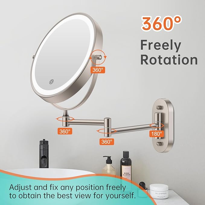 5000mAh Rechargeable Wall Mounted Lighted Makeup Vanity Mirror1X/30X Nickel | Double Sided Magnifying Bathroom Mirror, 3 Color Lighting, Touch Screen Dimming, Extended Arm 360 Rotation Shaving Mirror