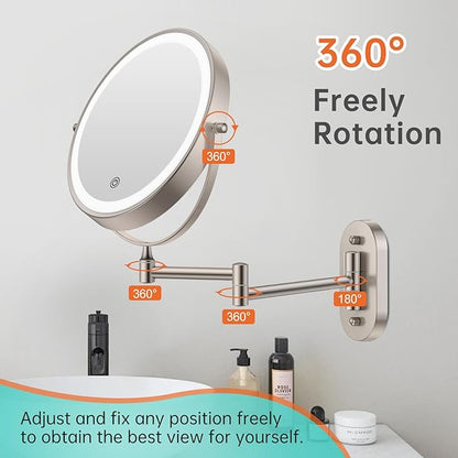 5000mAh Rechargeable Wall Mounted Lighted Makeup Vanity Mirror, Double Sided 1X 30X Magnifying Bathroom Mirror, 3 Color Lighting, Touch Screen Dimming, Extended Arm 360 Rotation Shaving Mirror