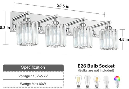 Brushed Chrome Crystal Bathroom Vanity Light, 4-Light Modern Bathroom Lighting Fixtures Over Mirror,Chrome Wall Sconce Light Fixtures with Round Shade
