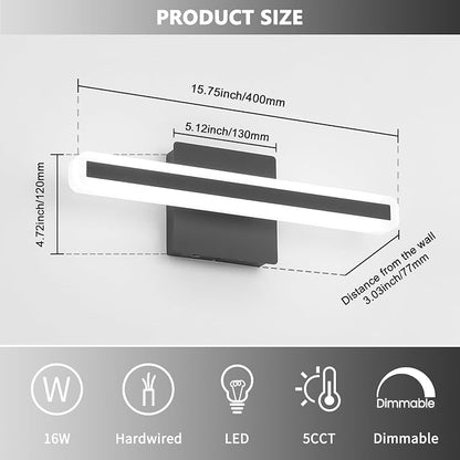 JUSHENG Black Vanity Lights for Bathroom, 5CCT Dimmable Bathroom Light Fixtures Over Mirror, Modern LED Vanity Light Bar Above Mirror 16'' Inch 16W