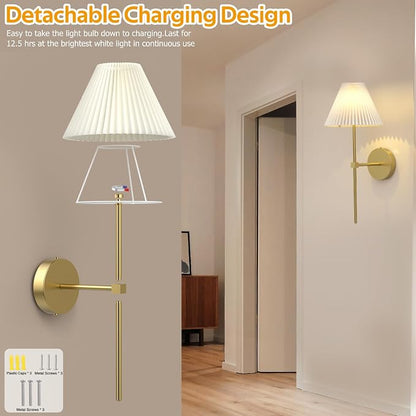 Battery Operated Wall Sconces Set of 2,Gold Rechargeable Wall Lights with Remote,3000mAh Dimmable 3 Timer Magnetic Bulbs,Indoor Wireless Lamps for Bedroom Living Room Hallway Bathroom