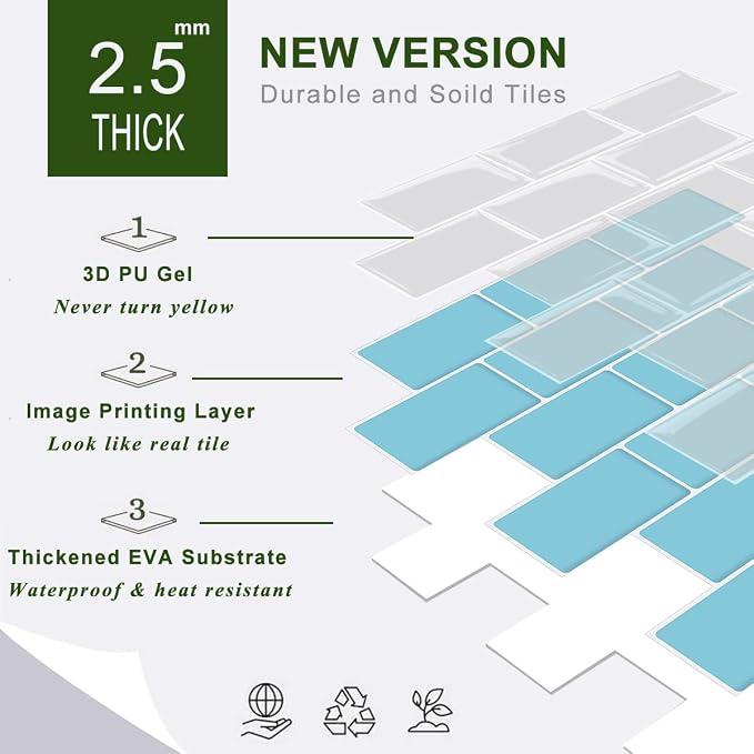 STICKGOO Subway Tile Peel and Stick Backsplash, Thicker Design 12" x 12" Stick on Backsplash Tiles for Kitchen, Bathroom, Wall Tile (10 Sheets, Blue)