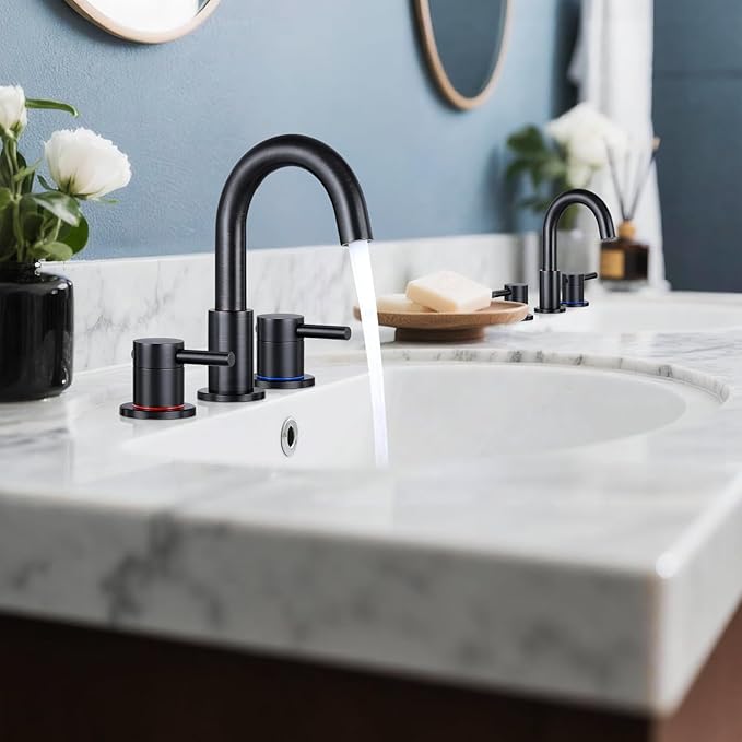 FGKQ Oil Rubbed Bronze Bathroom Faucet for Sink 3 Hole, Bathroom Sink Faucet with Pop Up Drain, 8 Inch Widespread Vanity Faucet 3 Hole, 360° Swivel Two Handle with Supply Lines